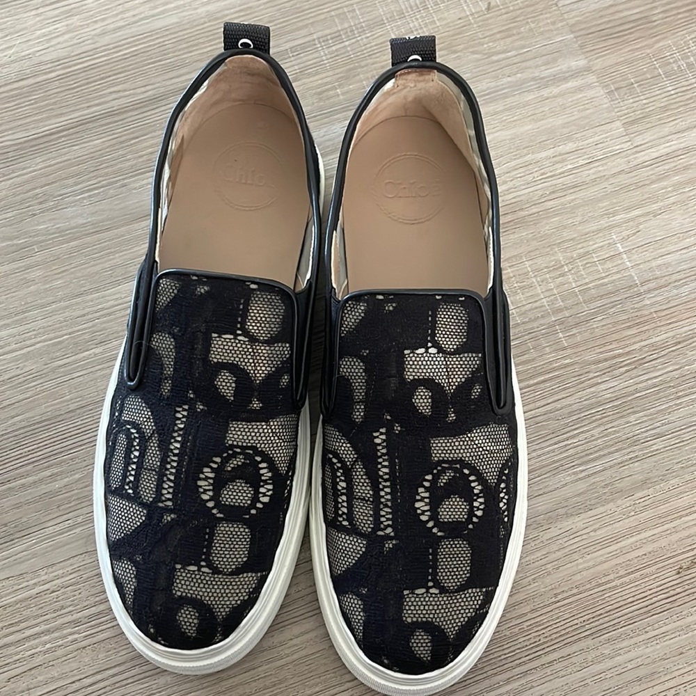 Black lace Chloe slip on sneakers with box and authentication card